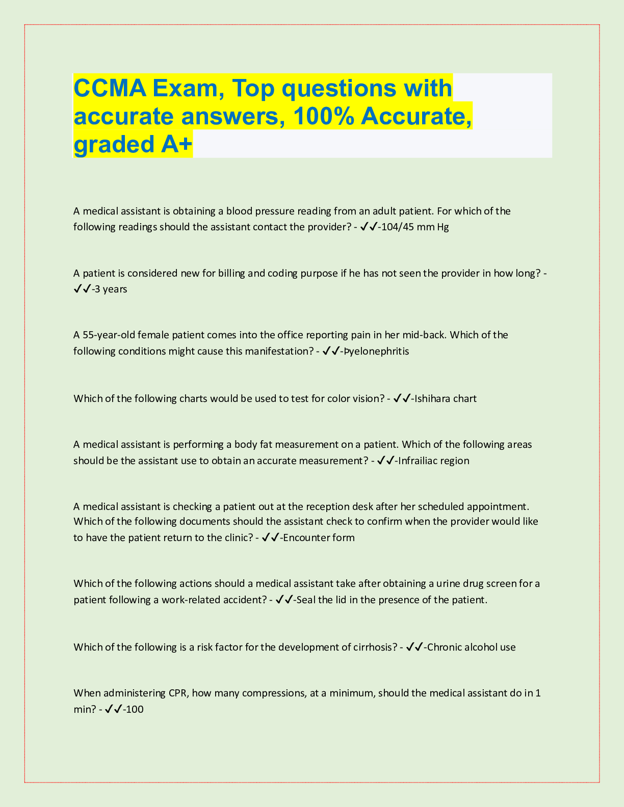 Preview image for CCMA Exam, Top questions with  accurate answers, 100% Accurate,  graded A+